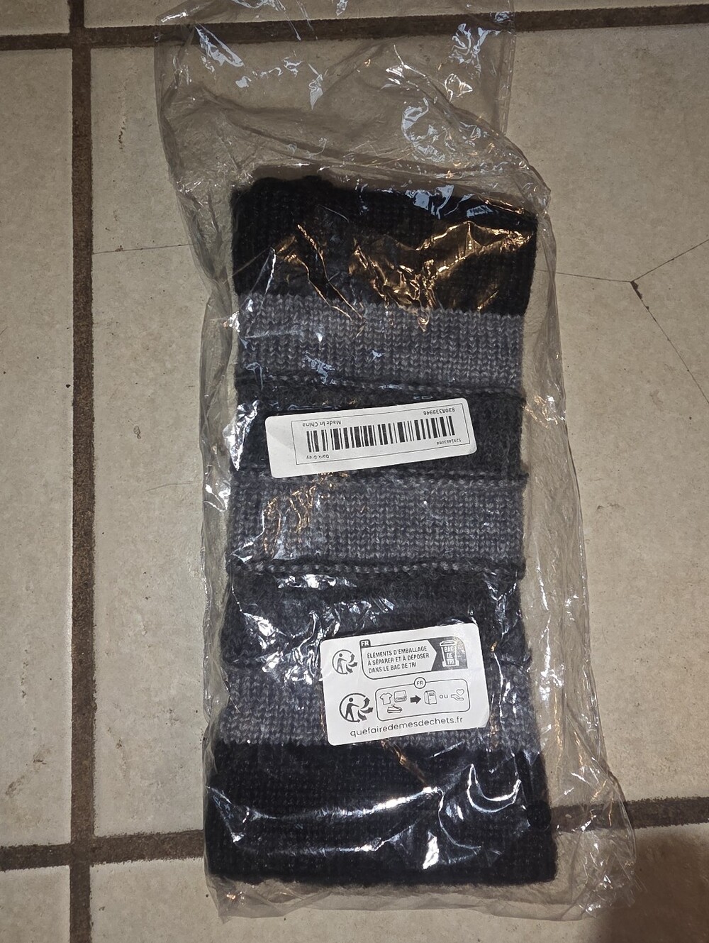 Grey & Black Layered Arm Warmers, likely from Hot Topic, made of 100% acrylic